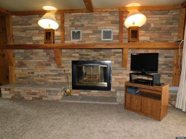 295 N 1st Street E, St, Green River, WY 82935 - detailed view of carpet flooring, beamed ceiling, and a fireplace