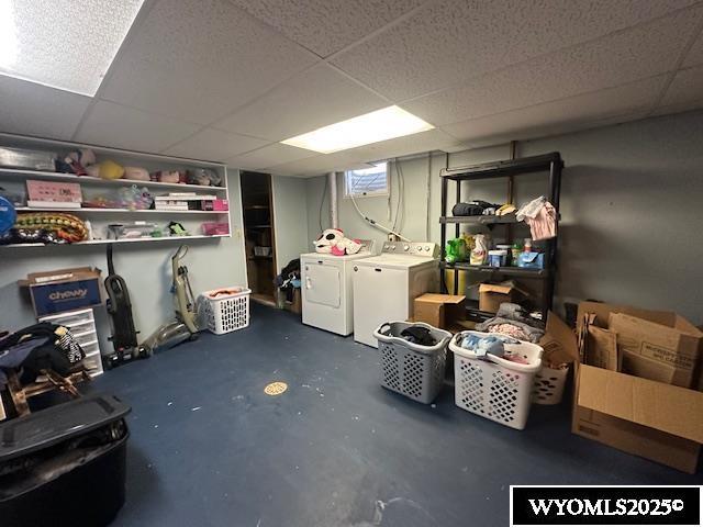 408 S 18th, Worland, WY 82401 - below grade area with a drop ceiling and washing machine and clothes dryer