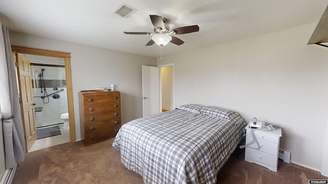bedroom featuring carpet flooring, connected bathroom, a ceiling fan, and a baseboard heating unit