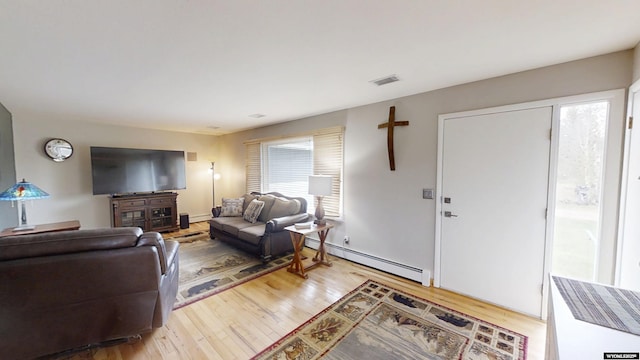 living room with baseboard heating and light wood-style floors