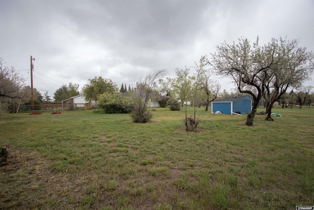 view of grassy yard with an outdoor structure