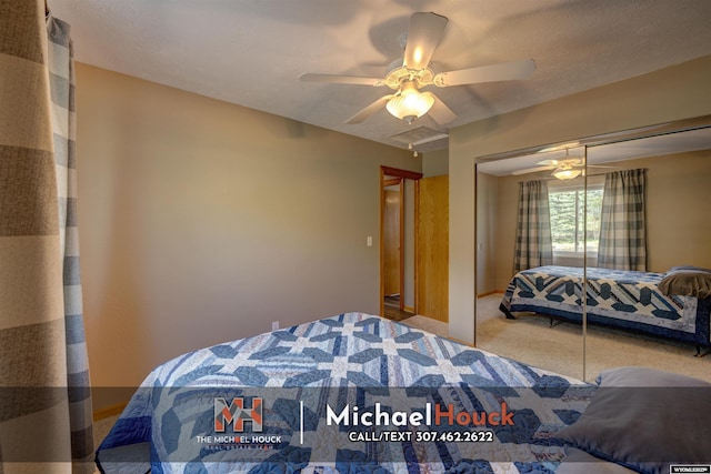 bedroom featuring carpet, a closet, and ceiling fan