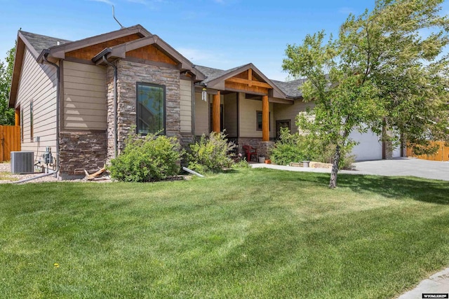 craftsman-style house with stone siding, concrete driveway, a garage, and cooling unit