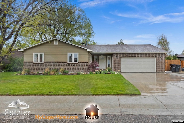 ranch-style house with brick siding, driveway, a garage, and a shingled roof