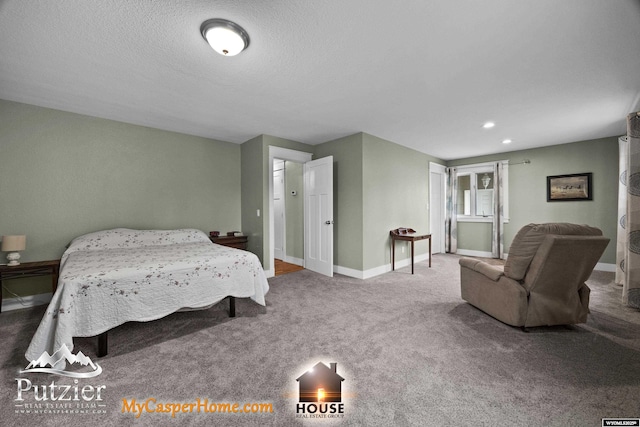 bedroom with baseboards, carpet flooring, recessed lighting, and a textured ceiling