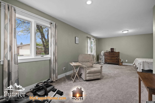 living area featuring carpet and baseboards