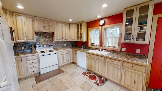 2908 Esterbrook Rd, Esterbrook, WY 82633 - kitchen with white appliances, a sink, tile countertops, light brown cabinetry, and recessed lighting