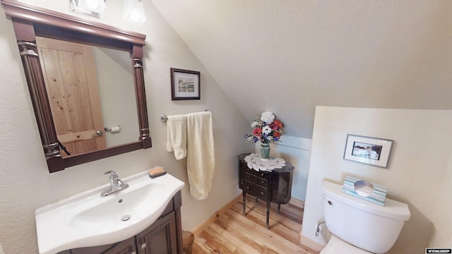 2908 Esterbrook Rd, Esterbrook, WY 82633 - bathroom with lofted ceiling, wood finished floors, toilet, and vanity