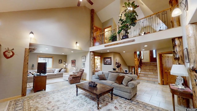 2908 Esterbrook Rd, Esterbrook, WY 82633 - living area featuring stairway, high vaulted ceiling, ceiling fan, and baseboards