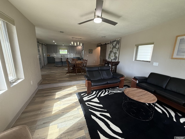 41 Ridgewater Ln, Douglas, WY 82633 - living room with a barn door, light wood-type flooring, ceiling fan, and baseboards