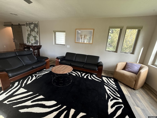 41 Ridgewater Ln, Douglas, WY 82633 - living area featuring wood finished floors, a barn door, and plenty of natural light