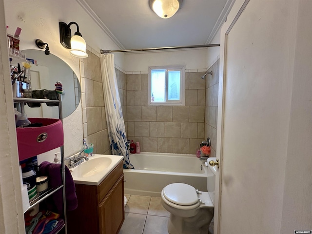 308 W Monroe St, Riverton, WY 82501 - bathroom featuring tile patterned flooring, shower / bath combo with shower curtain, crown molding, vanity, and toilet