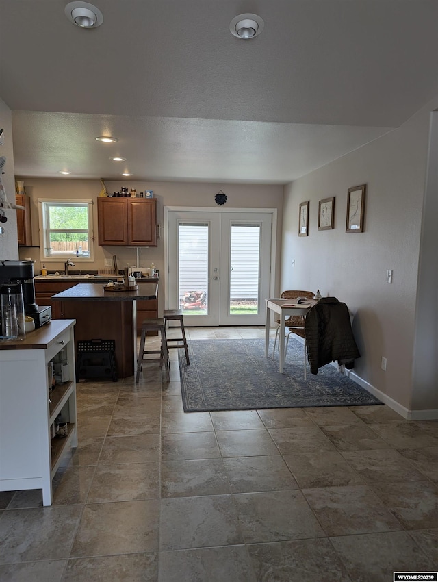 1206 E Park Ave, Riverton, WY 82501 - kitchen featuring french doors, baseboards, dark countertops, a sink, and brown cabinetry