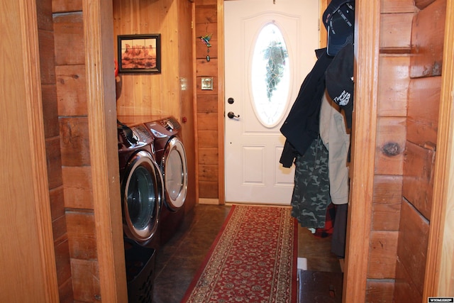588 S Oak St, La Barge, WY 83123 - laundry area with washing machine and clothes dryer and wood walls