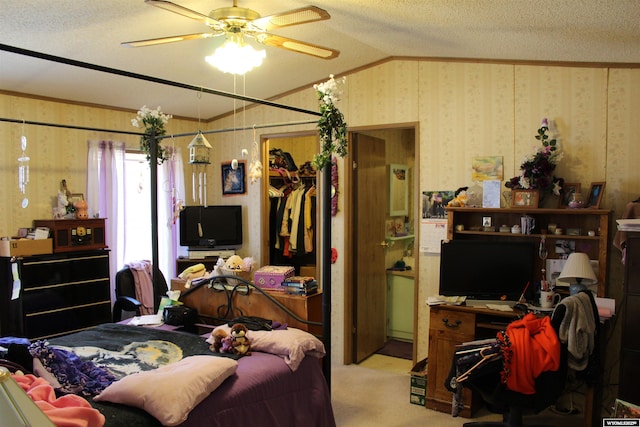 SPACE10 50 S Colorado Ave, Guernsey, WY 82214 - bedroom featuring crown molding, vaulted ceiling, carpet floors, a textured ceiling, and wallpapered walls