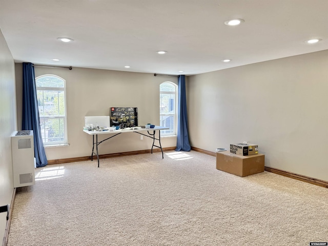 617 Lucille Cir, Evanston, WY 82930 - office area featuring carpet floors, heating unit, healthy amount of natural light, baseboards, and recessed lighting