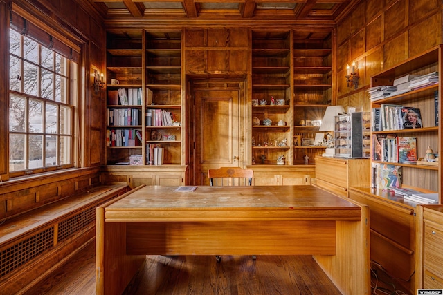 1108 S Wolcott St, Casper, WY 82601 - office featuring wooden walls, built in shelves, coffered ceiling, ornamental molding, and a relaxing sauna