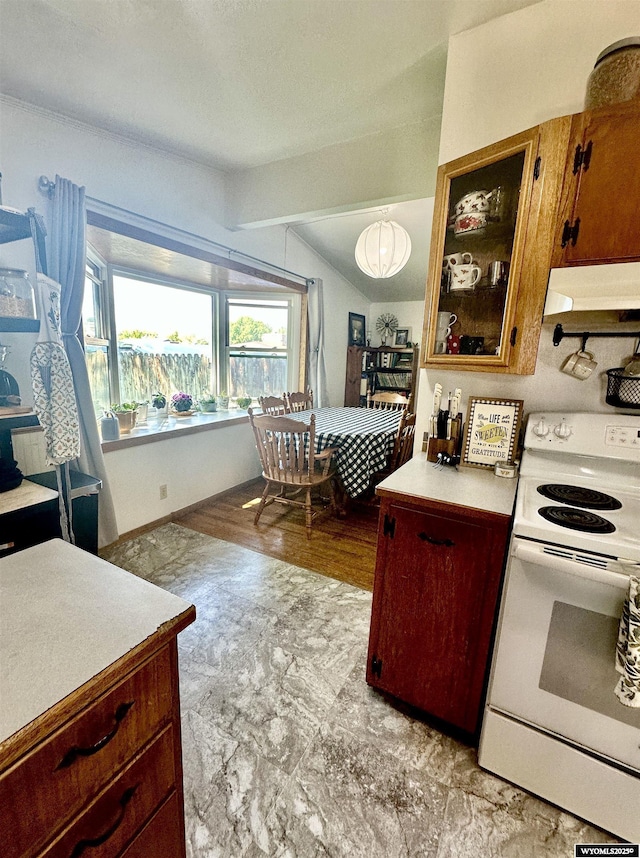 720 S 16th St, Worland, WY 82401 - kitchen featuring white electric range, under cabinet range hood, light countertops, lofted ceiling, and glass insert cabinets