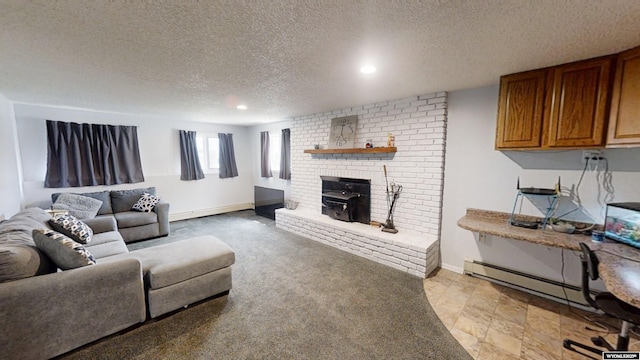 205 Daffodil, Casper, WY 82604 - living room featuring a textured ceiling, recessed lighting, baseboards, a baseboard radiator, and a brick fireplace