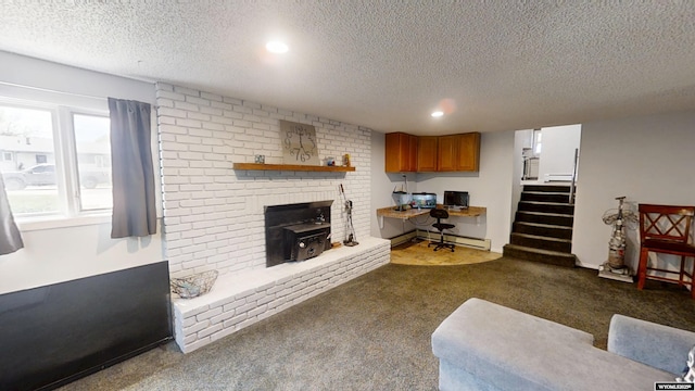 205 Daffodil, Casper, WY 82604 - carpeted living room with a textured ceiling, recessed lighting, a baseboard heating unit, stairway, and a desk