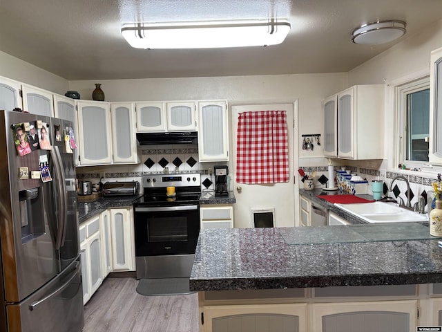 715 Emerald St, Kemmerer, WY 83101 - kitchen featuring appliances with stainless steel finishes, a sink, under cabinet range hood, light wood-type flooring, and tasteful backsplash