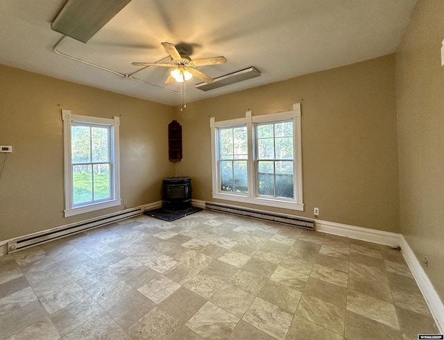 596 Garfield St, Lander, WY 82520 - unfurnished living room with a baseboard heating unit, a wood stove, baseboards, and ceiling fan