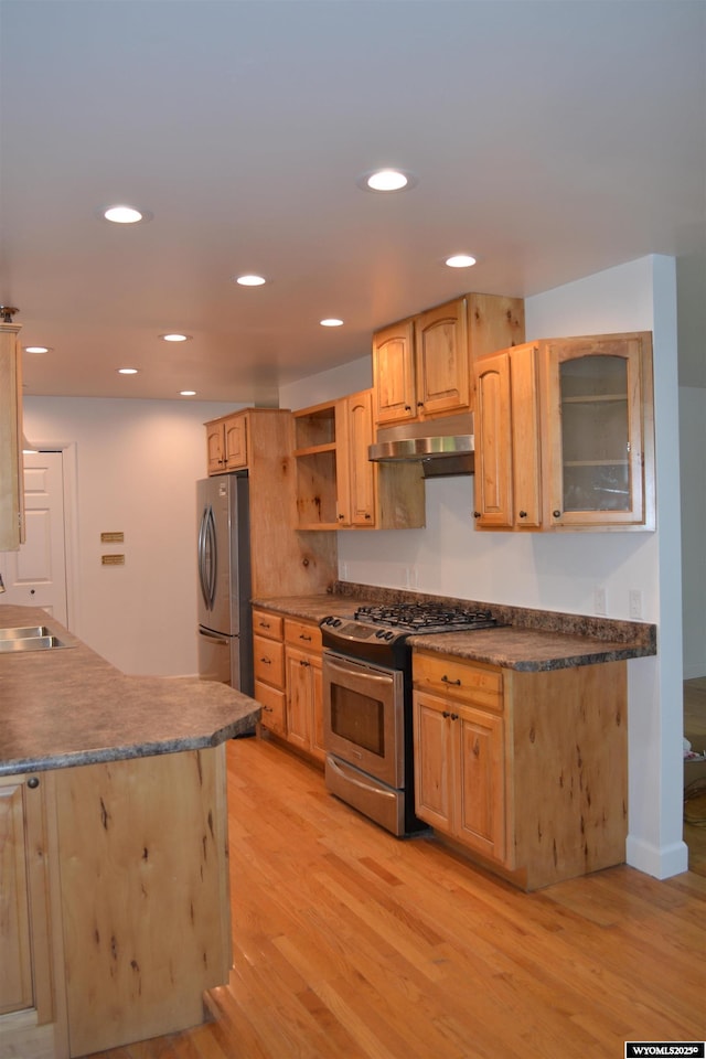 104 First St, Mountain View, WY 82939 - kitchen with appliances with stainless steel finishes, under cabinet range hood, light wood finished floors, light brown cabinets, and recessed lighting