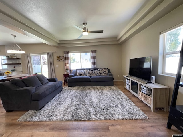 344 Via Assisi Dr, Rock Springs, WY 82901 - living room with a tray ceiling, healthy amount of natural light, ceiling fan, and wood finished floors