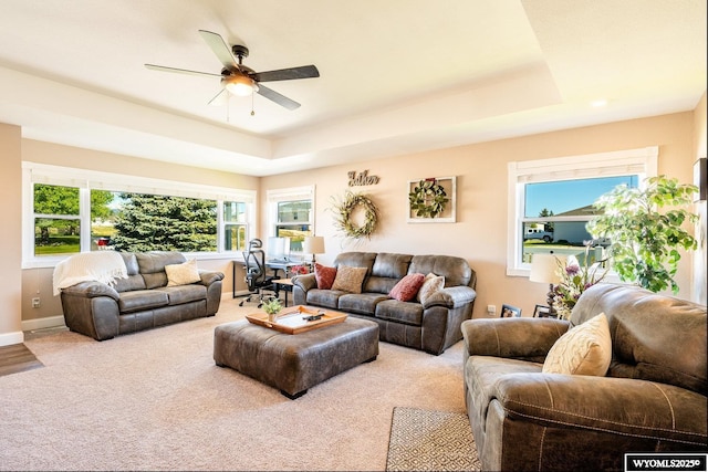 1291 Eagle View Dr, Buffalo, WY 82834 - living room featuring ceiling fan, a raised ceiling, carpet, and baseboards