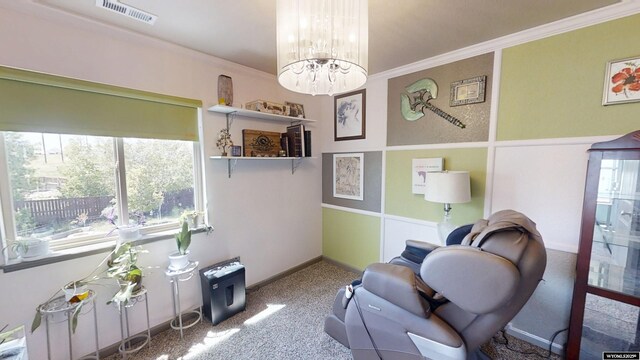 810 S 3rd Ave, Mills, WY 82604 - sitting room featuring ornamental molding, a chandelier, carpet, and baseboards