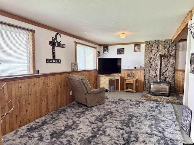 1130 Canyon Rd, Kemmerer, WY 83101 - carpeted living room with a wainscoted wall, wooden walls, and a wood stove