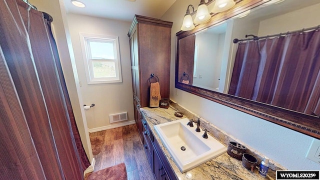 200 Irwin Ln, Lander, WY 82520 - bathroom featuring vanity, wood finished floors, baseboards, and a shower with shower curtain