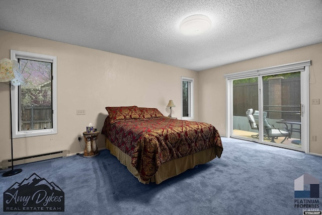 1131 W 60th St, Casper, WY 82601 - bedroom featuring access to exterior, carpet flooring, a textured ceiling, and a baseboard heating unit
