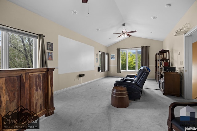 1131 W 60th St, Casper, WY 82601 - sitting room featuring ceiling fan, vaulted ceiling, light colored carpet, and baseboards