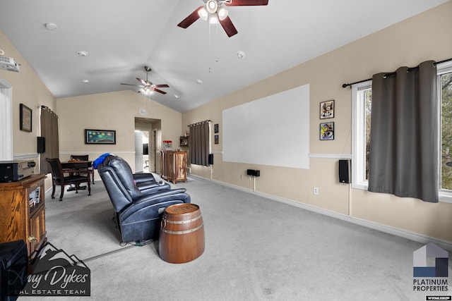 1131 W 60th St, Casper, WY 82601 - carpeted living room featuring a ceiling fan, vaulted ceiling, and baseboards