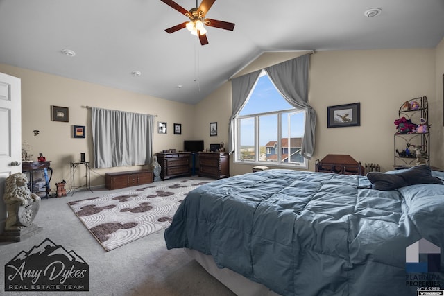 1131 W 60th St, Casper, WY 82601 - carpeted bedroom featuring vaulted ceiling and a ceiling fan