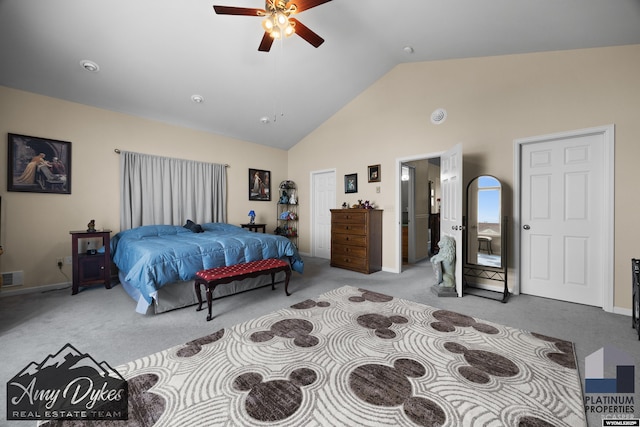 1131 W 60th St, Casper, WY 82601 - bedroom featuring carpet, high vaulted ceiling, a ceiling fan, and baseboards