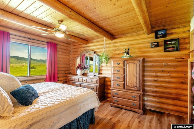 49 Cheyenne Rd, Banner, WY 82832 - bedroom featuring wooden ceiling with exposed beams, light wood finished floors, and rustic walls