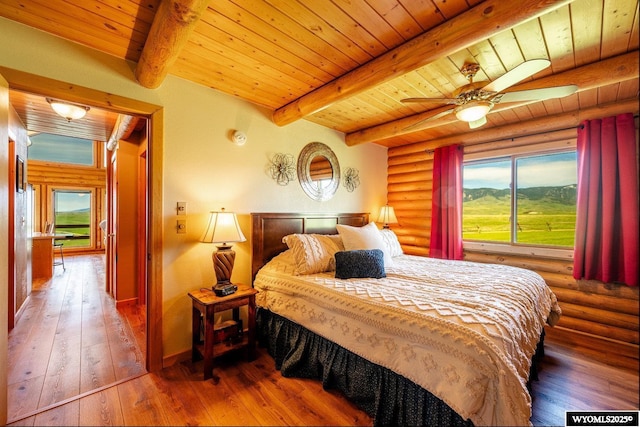 49 Cheyenne Rd, Banner, WY 82832 - bedroom with log walls, hardwood / wood-style floors, and wooden ceiling with exposed beams