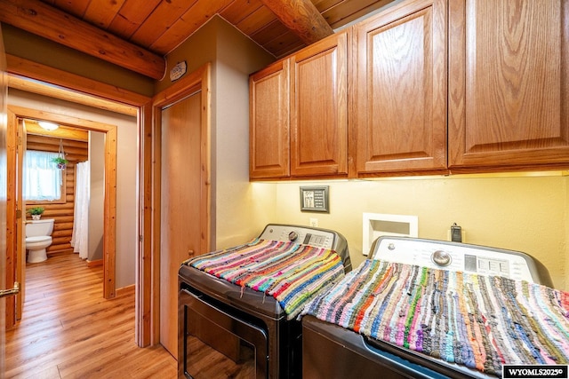 49 Cheyenne Rd, Banner, WY 82832 - bedroom featuring washer and clothes dryer, light wood finished floors, wooden ceiling, and rustic walls
