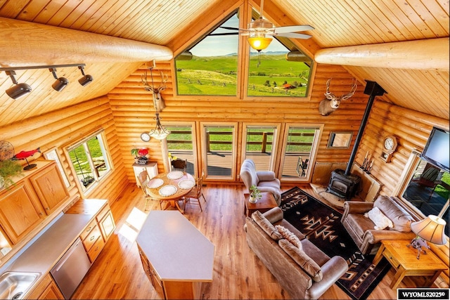 49 Cheyenne Rd, Banner, WY 82832 - living room with a wood stove, rustic walls, wood ceiling, light wood finished floors, and ceiling fan