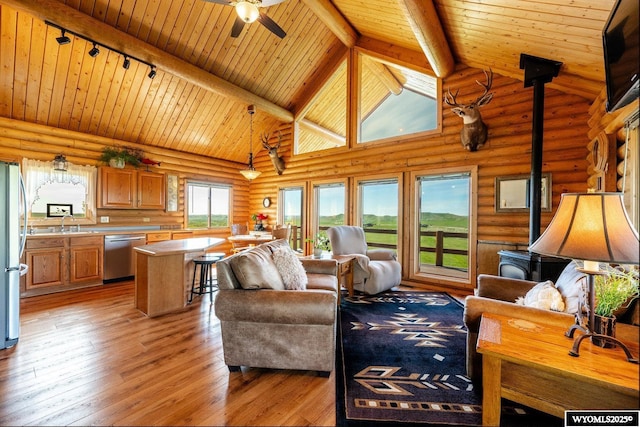 49 Cheyenne Rd, Banner, WY 82832 - living room featuring a wood stove, track lighting, rustic walls, a ceiling fan, and wood ceiling with exposed beams