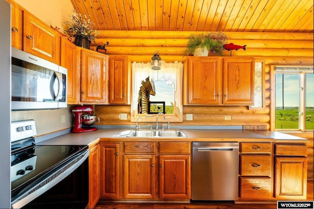49 Cheyenne Rd, Banner, WY 82832 - kitchen with appliances with stainless steel finishes, log walls, a sink, wooden ceiling, and light countertops