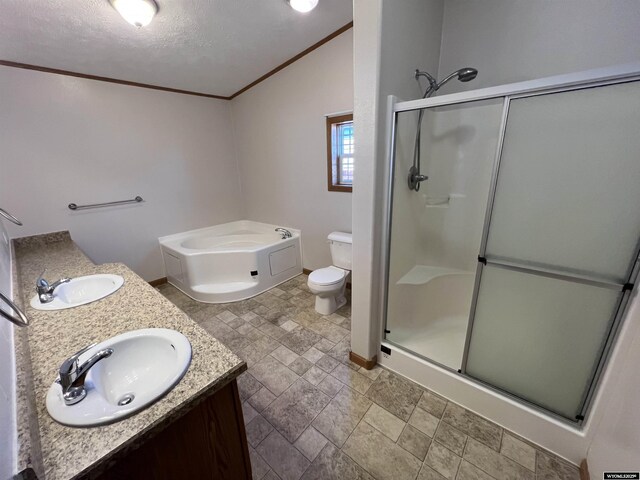 1426 Pinecrest, Riverton, WY 82501 - full bath featuring stone finish floors, a stall shower, ornamental molding, double vanity, and a bath
