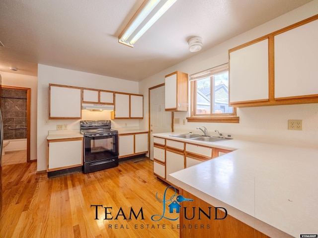 1235 S Durbin St, Casper, WY 82601 - kitchen featuring black range with electric cooktop, under cabinet range hood, a sink, light countertops, and light wood-style floors