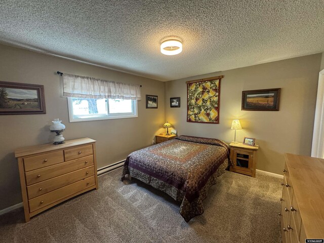 302 Clearview St, Saratoga, WY 82331 - carpeted bedroom with a textured ceiling, baseboards, and a baseboard heating unit