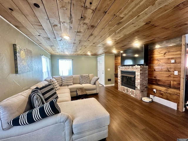 1023Pine Ave, Kemmerer, WY 83101 - living area with wooden ceiling, wood finished floors, a fireplace, and wooden walls