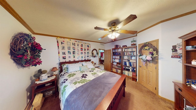 203 Rendezvous Rd, Riverton, WY 82501 - bedroom with crown molding, carpet, a textured ceiling, and a ceiling fan