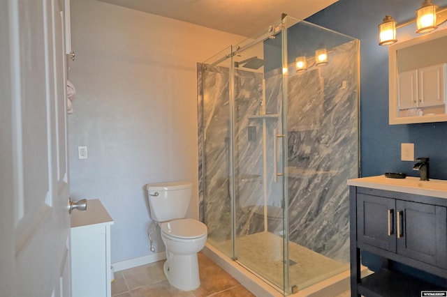 925 Skyline Dr, Douglas, WY 82633 - bathroom featuring vanity, toilet, tile patterned flooring, a marble finish shower, and baseboards