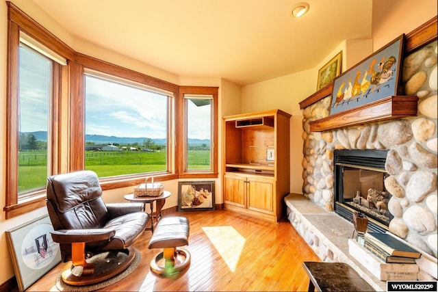 22 Pleasant Valley Ln, Sheridan, WY 82801 - living area featuring a fireplace, light wood-style floors, and a mountain view